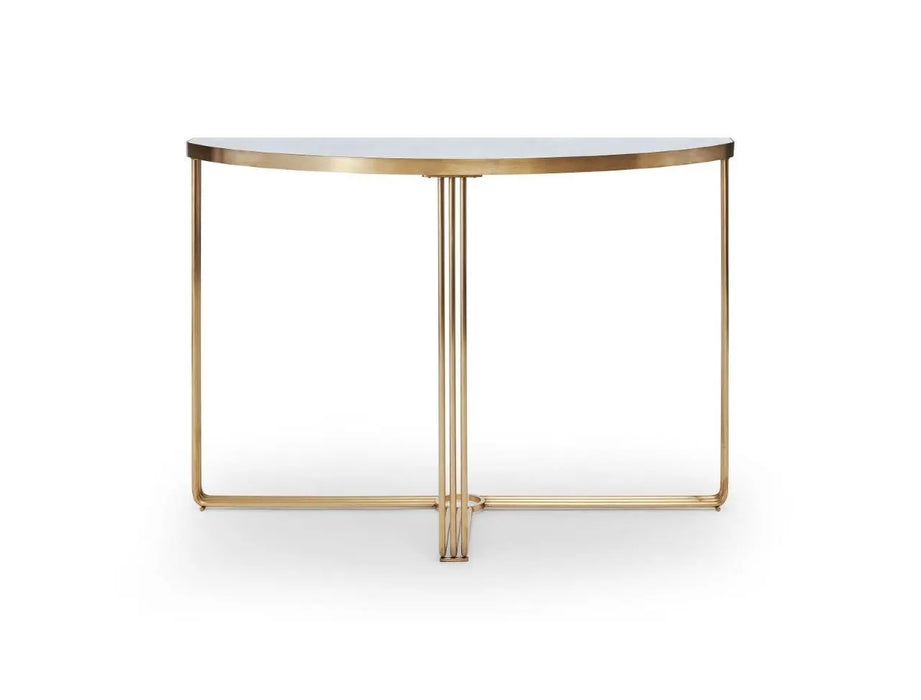 White Marble Top & Polished Chrome Frame Demi Lune Console Table-Cheshire Furniture Outlet