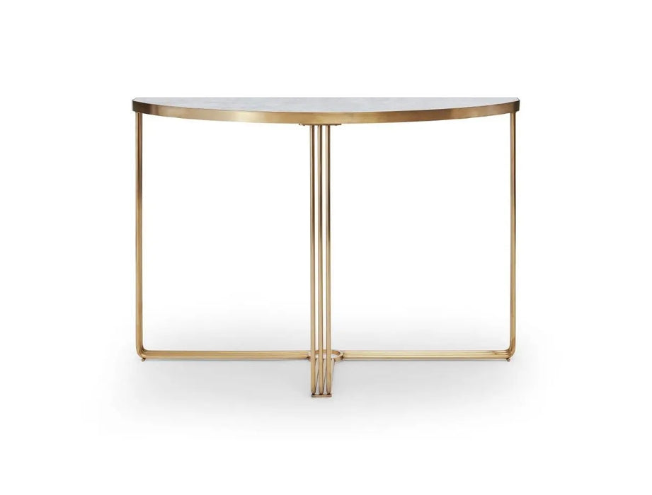 White Marble Top & Polished Chrome Frame Demi Lune Console Table-Cheshire Furniture Outlet