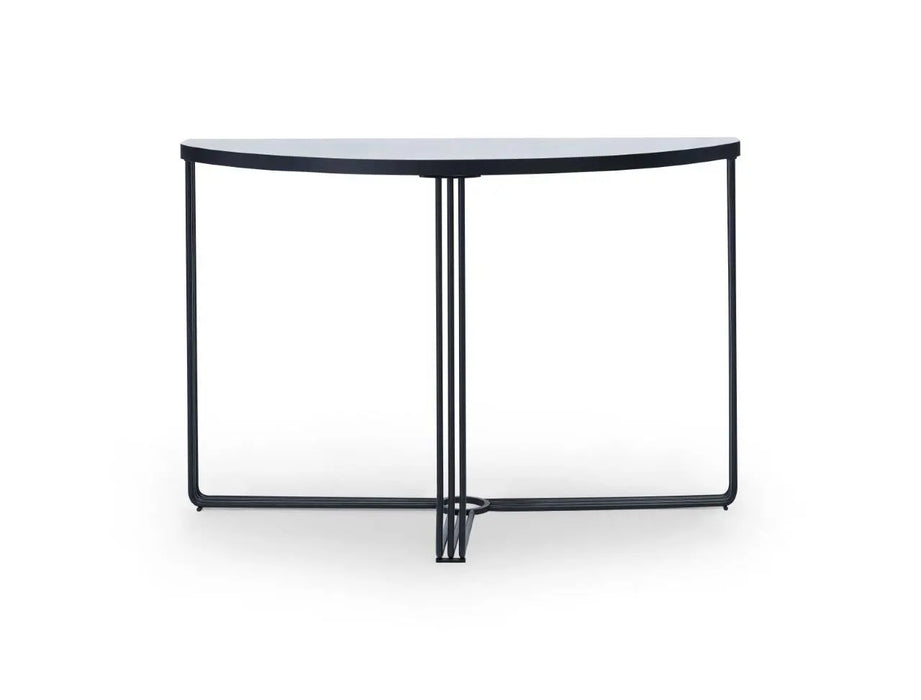 White Marble Top & Polished Chrome Frame Demi Lune Console Table-Cheshire Furniture Outlet