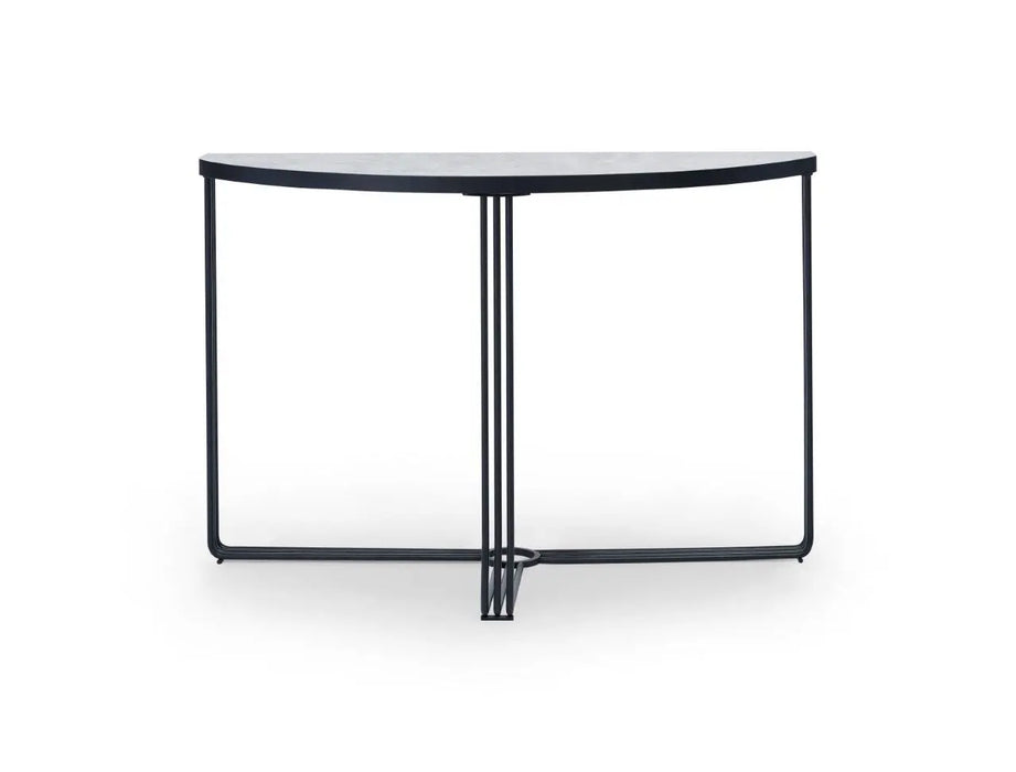 White Marble Top & Polished Chrome Frame Demi Lune Console Table-Cheshire Furniture Outlet