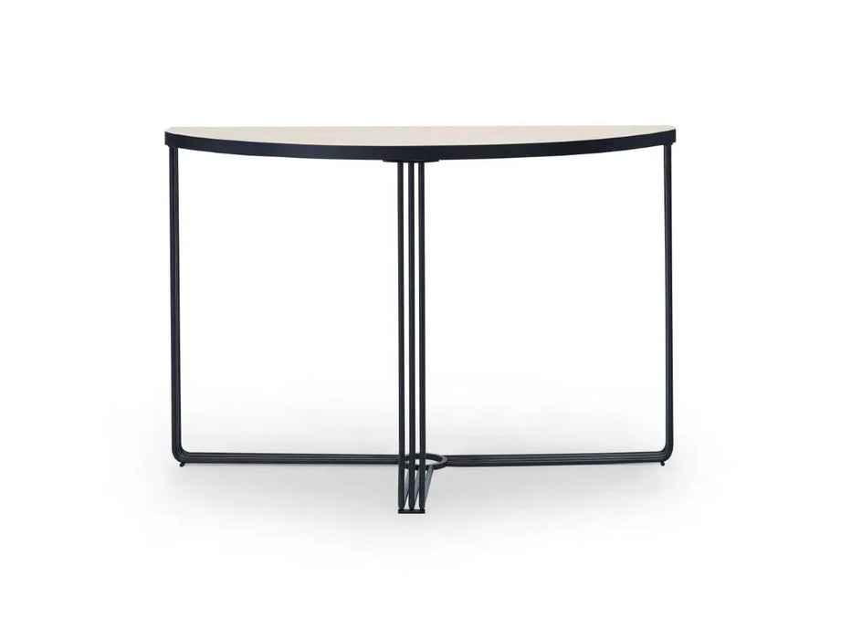 White Marble Top & Polished Chrome Frame Demi Lune Console Table-Cheshire Furniture Outlet