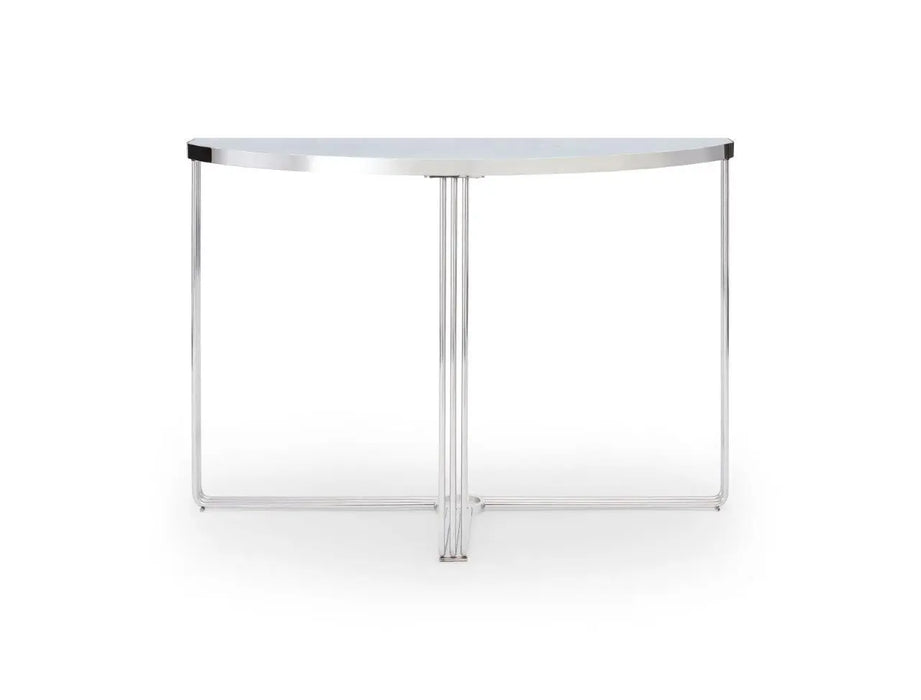White Marble Top & Polished Chrome Frame Demi Lune Console Table-Cheshire Furniture Outlet