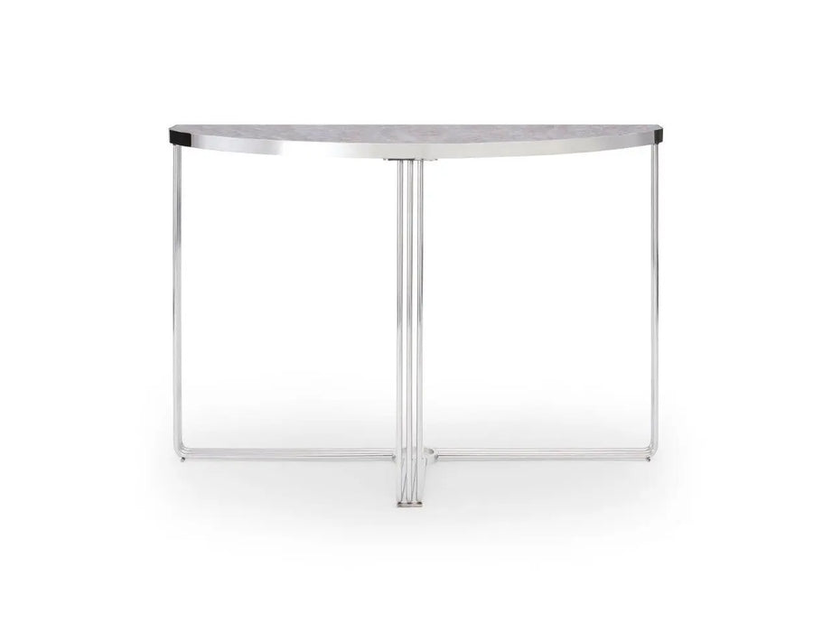 White Marble Top & Polished Chrome Frame Demi Lune Console Table-Cheshire Furniture Outlet