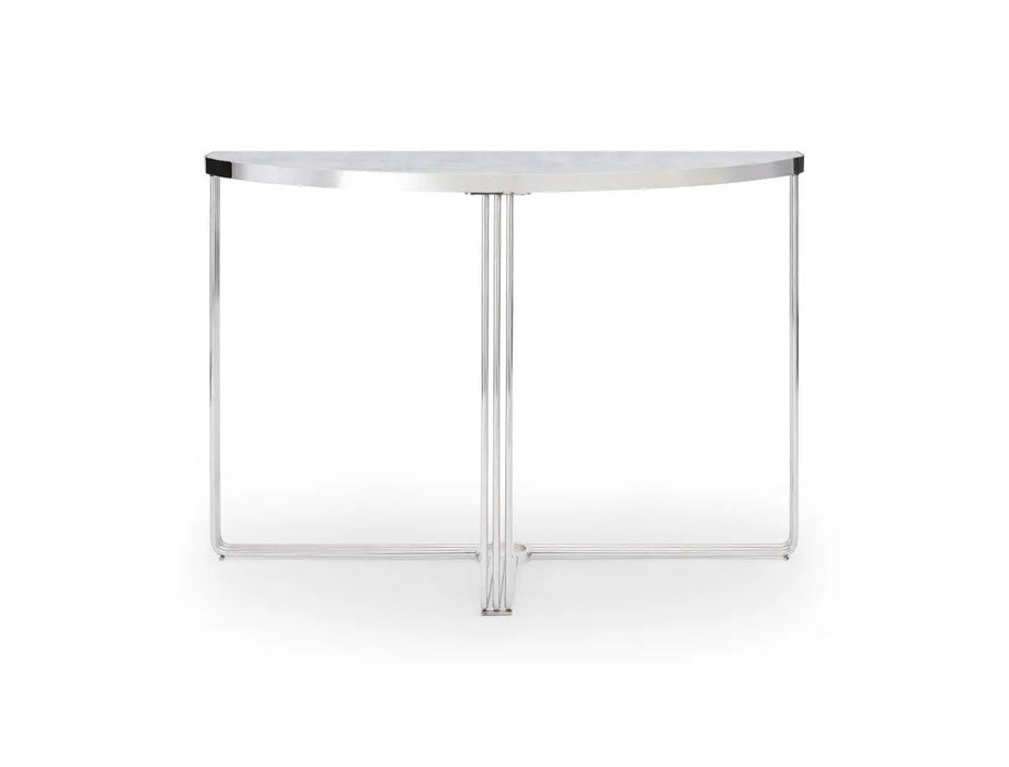White Marble Top & Polished Chrome Frame Demi Lune Console Table-Cheshire Furniture Outlet