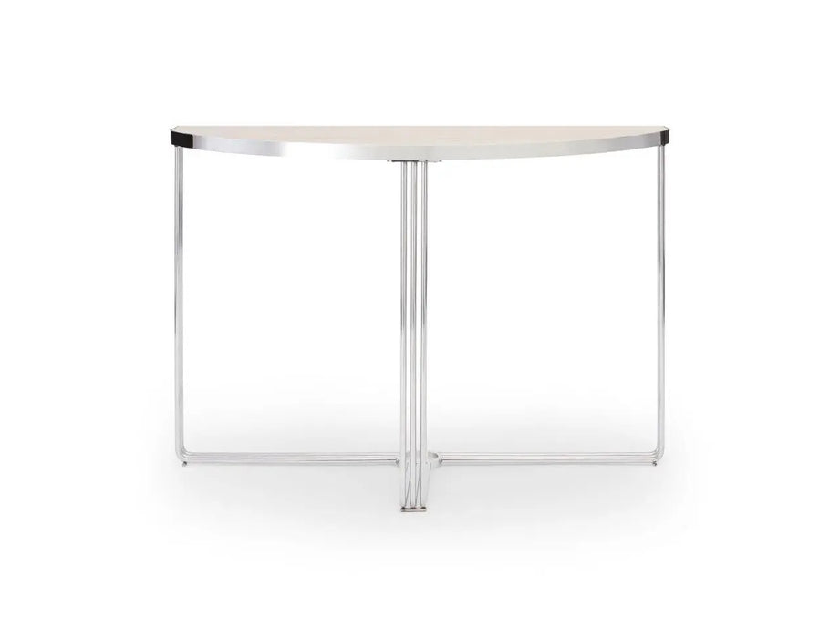 White Marble Top & Polished Chrome Frame Demi Lune Console Table-Cheshire Furniture Outlet
