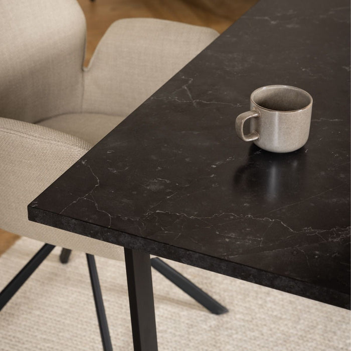 Amble 6 Seater Dining Table with Black Marble Melamine Top & Black Legs 160x74cm