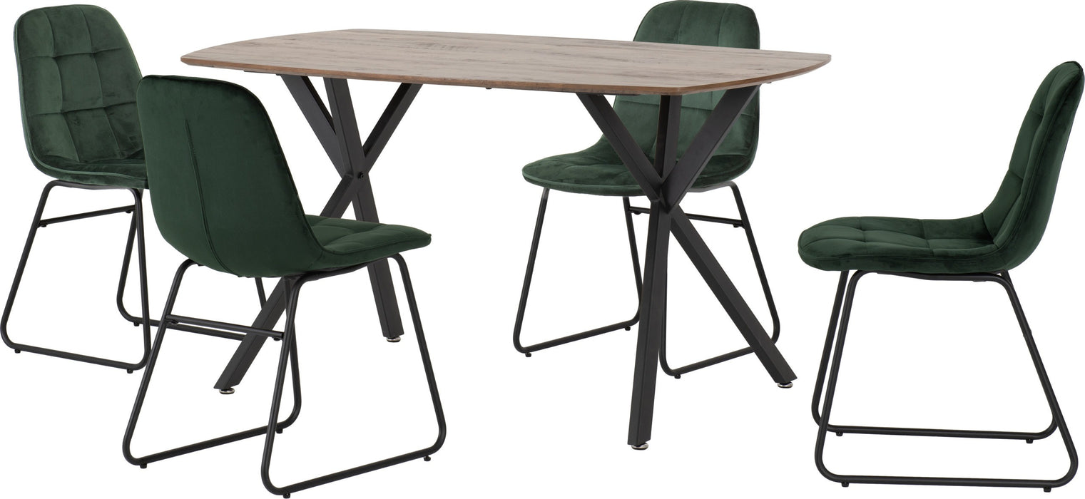 Athens Rectangular Dining Set with Lukas Chairs – Medium Oak Effect/Black/Emerald Green Velvet