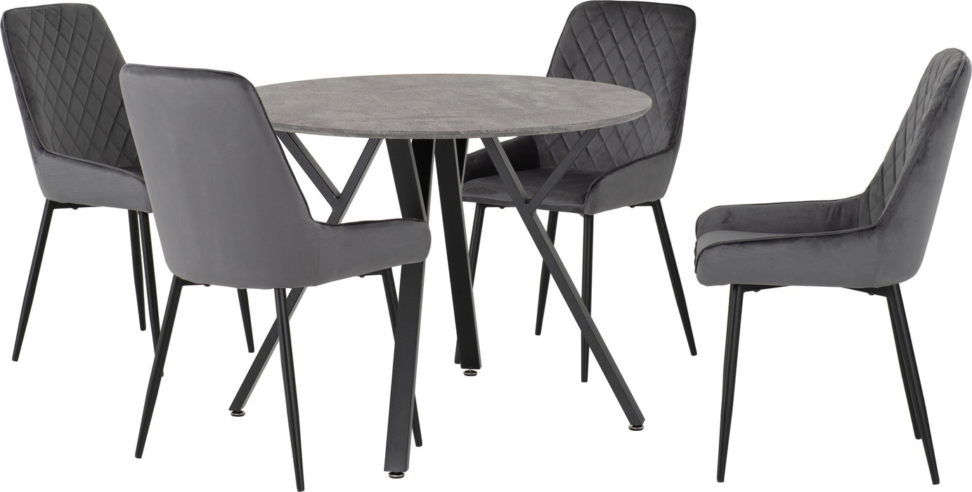 Athens Round Dining Set with Avery Chairs – Concrete Effect/Black/Grey Velvet