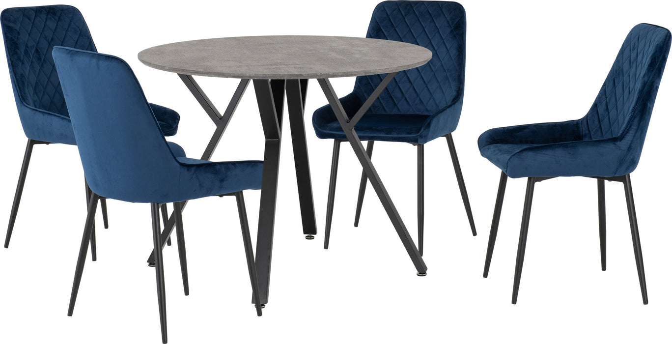 Athens Round Dining Set with Avery Chairs – Concrete Effect/Black/Sapphire Blue Velvet