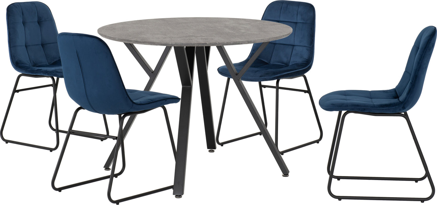 Athens Round Dining Set with Lukas Chairs – Concrete Effect/Black/Sapphire Blue Velvet
