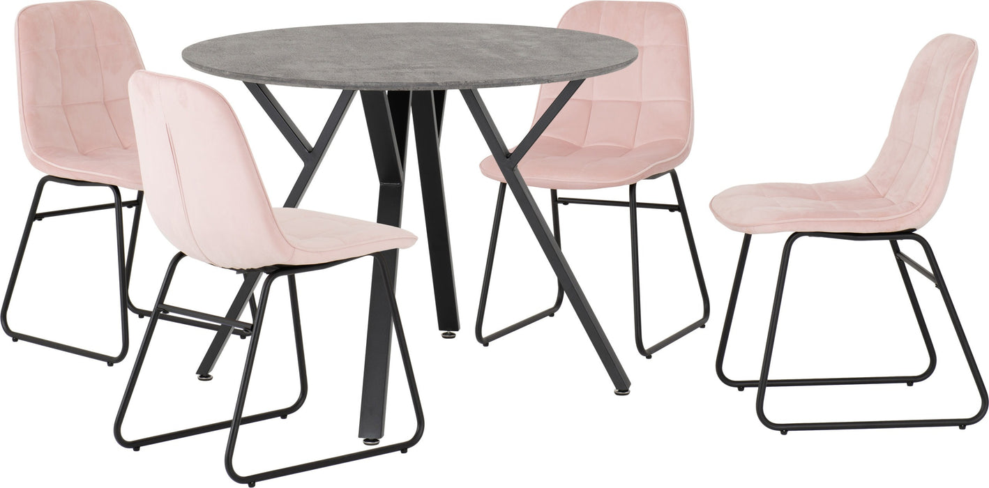 Athens Round Dining Set with Lukas Chairs – Concrete Effect/Black/Baby Pink Velvet
