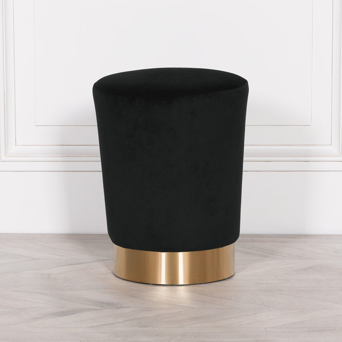 Black Velvet Round Stool with A Gold Trim Base