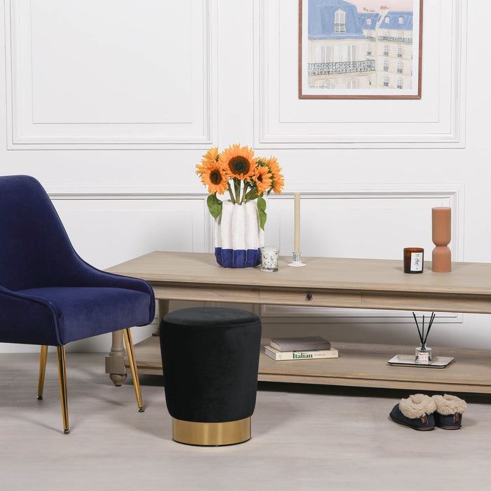 Black Velvet Round Stool with A Gold Trim Base