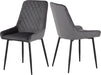 avery grey velvet dining chairs with black diamond patterned seat on a white background
