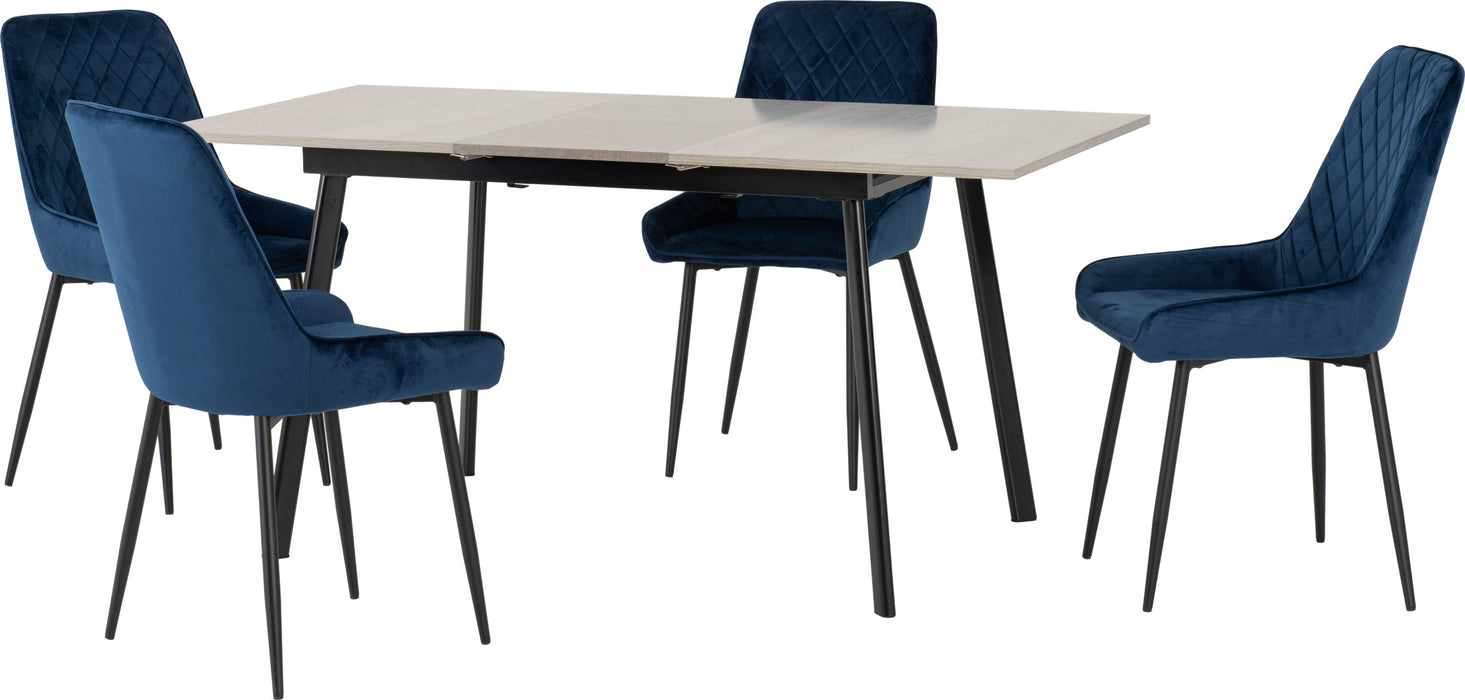 Avery Extending Dining Set with Avery Chairs – Concrete/Grey Oak Effect/Black/Sapphire Blue Velvet