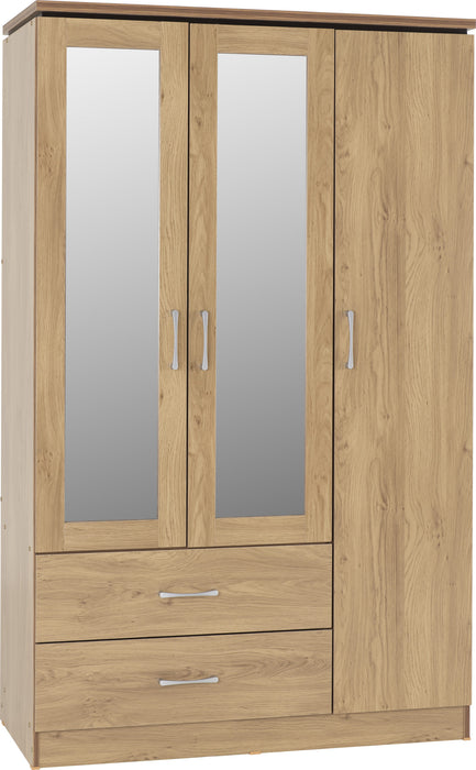 Charles 3 Door 2 Drawer Mirrored Wardrobe - Oak Effect Veneer/Walnut Trim