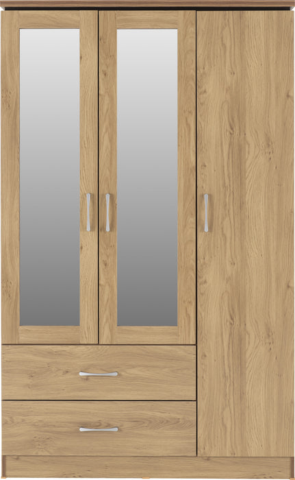 Charles 3 Door 2 Drawer Mirrored Wardrobe - Oak Effect Veneer/Walnut Trim