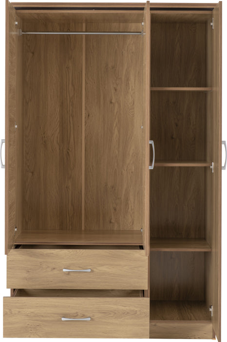 Charles 3 Door 2 Drawer Mirrored Wardrobe - Oak Effect Veneer/Walnut Trim