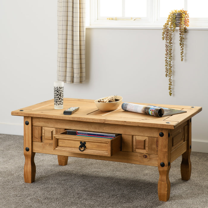 Corona 1 Drawer Coffee Table, Natural Wood