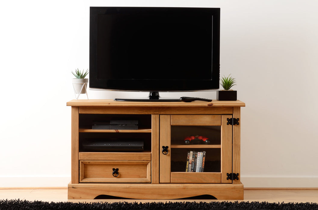 Corona Entertainment Unit with 1 Drawer 1 Door, Solid Pine Wood