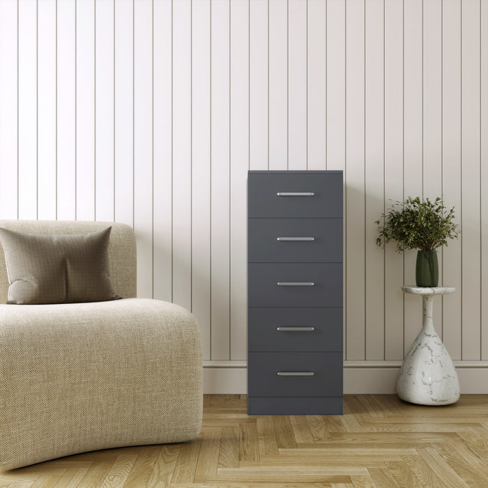 Dakota 5 Drawer Narrow Chest - Dark Grey