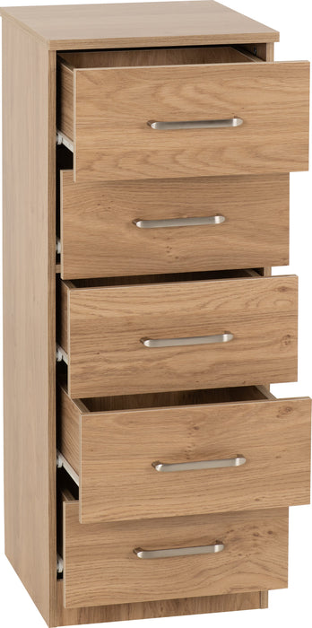 Dakota 5 Drawer Narrow Chest - Oak Effect