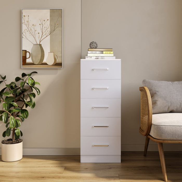 Dakota 5 Drawer Narrow Chest - White
