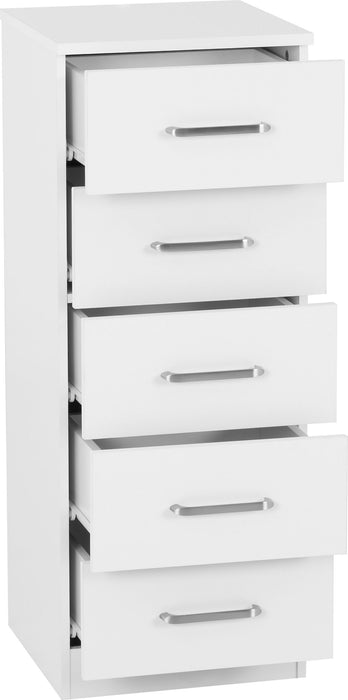 Dakota 5 Drawer Narrow Chest - White