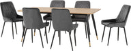 hamilton avery large dining with with 6 grey velvet chairs on white background
