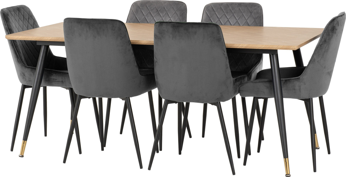 hamilton avery large dining with with 6 grey velvet chairs 