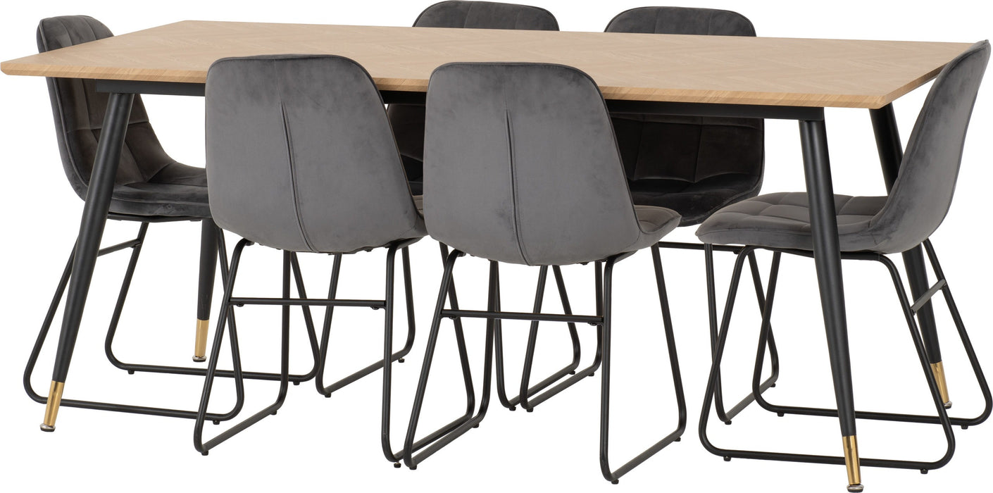 Hamilton Large Dining Set with Lukas Chairs – Medium Oak Effect/Black/Grey Velvet