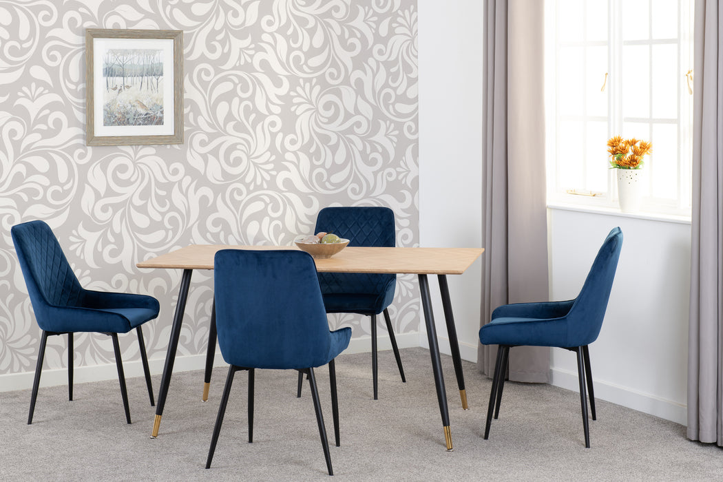 Hamilton Medium Dining Set with Avery Chairs – Medium Oak with Sapphire Blue Velvet chairs