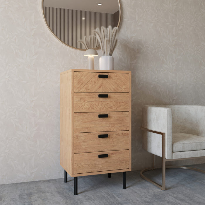 Leon 5 Drawer Narrow Chest - Medium Oak