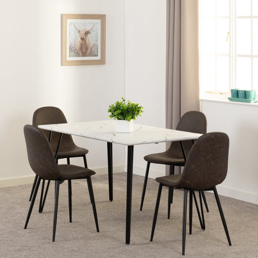 marlow white marble dining set with brown chairs