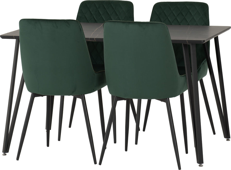 Black Marble Marlow Dining Set with Avery Chairs – Black Marble Effect/Black/Emerald Green Velvet