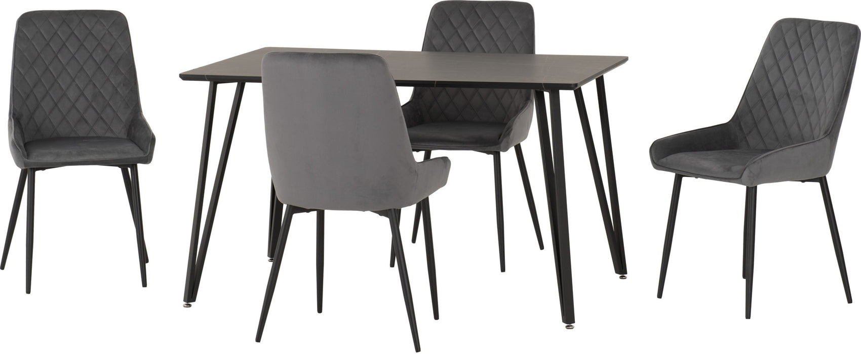 Black Marble Marlow Dining Set with Avery Chairs – Black Marble Effect/Black/Grey Velvet