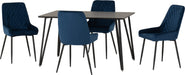 black marble dining set with sapphore blue velvet chairs