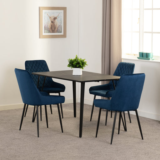 black marble dining set with sapphore blue velvet chairs