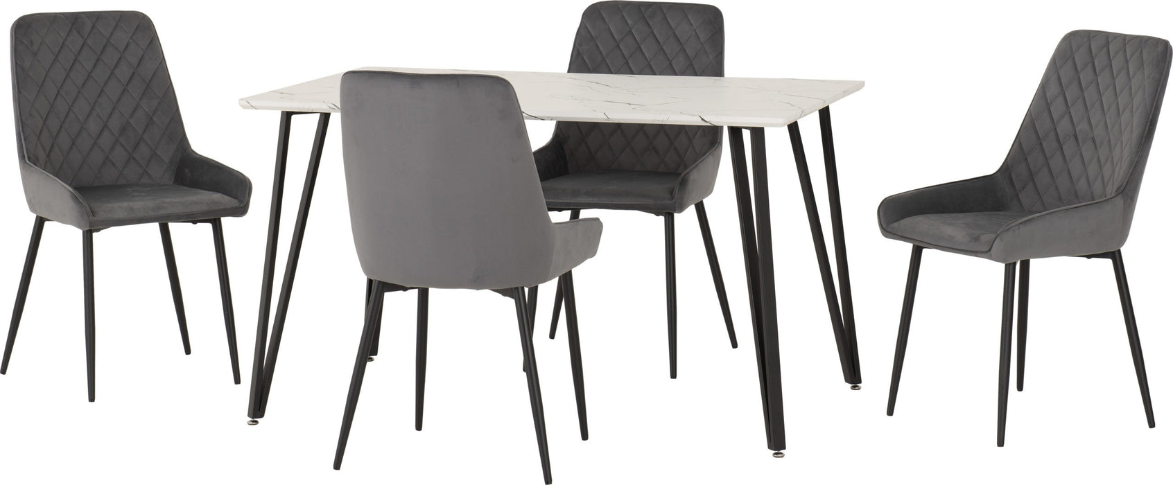 White Marble Marlow Dining Set with Avery Chairs –  Effect/Black/Grey Velvet