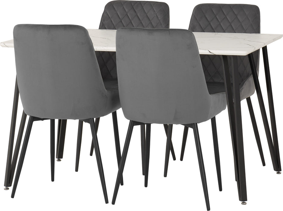 White Marble Marlow Dining Set with Avery Chairs –  Effect/Black/Grey Velvet
