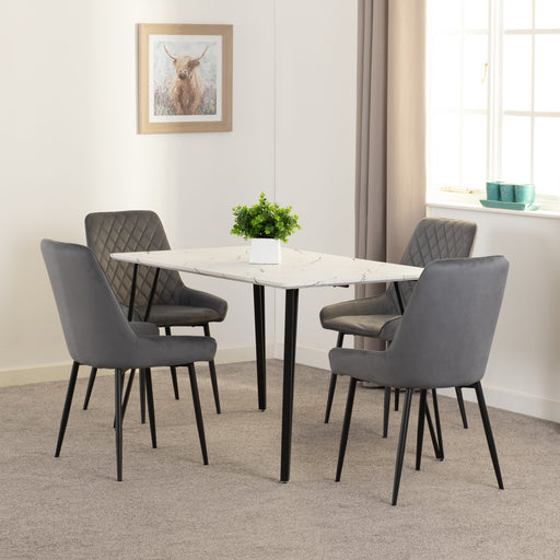 White Marble Marlow Dining Set with Avery Chairs –  Effect/Black/Grey Velvet