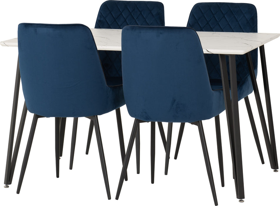 marlow avery white marble dining set with blue sapphire dining chairs velvet