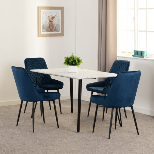 white marble dining set with blue sapphire dining chairs velvet