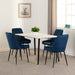 white marble dining set with blue sapphire dining chairs velvet