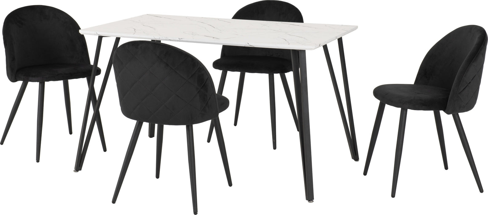 marlow white marble dining set with black velvet chairs