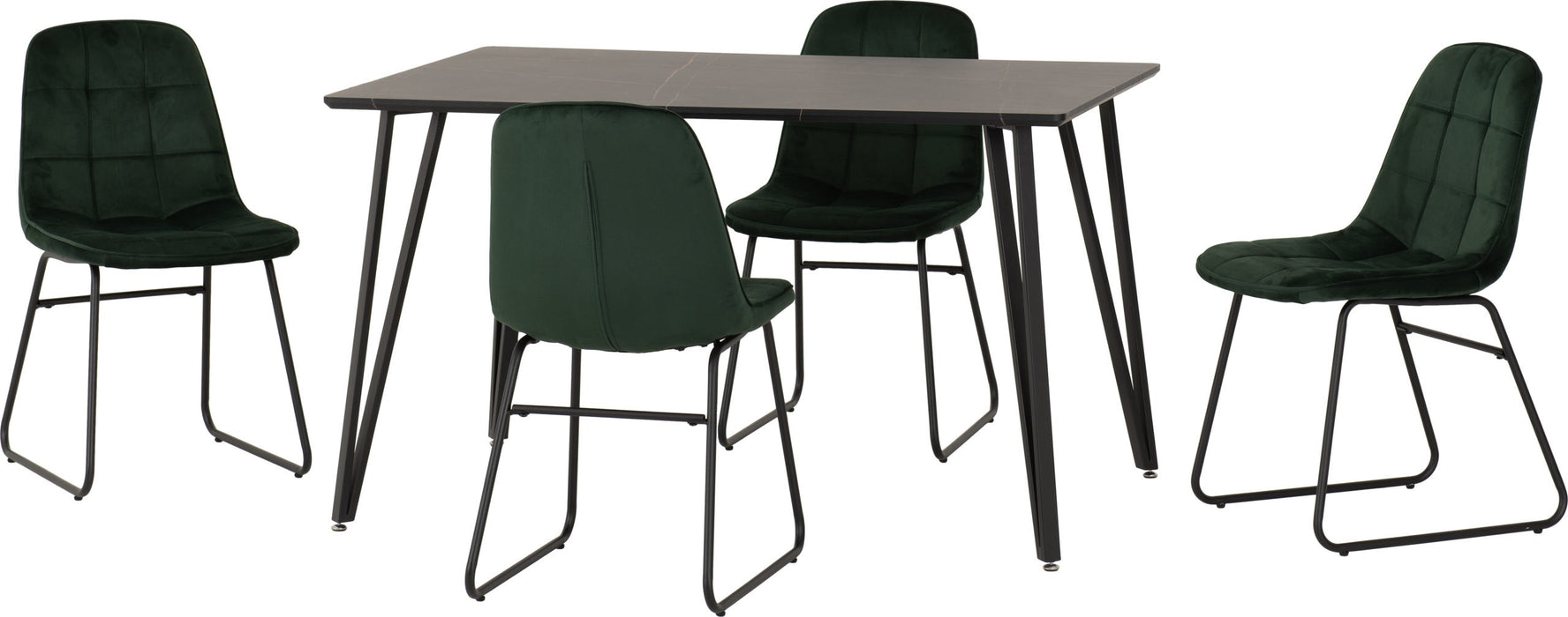 Black Marble Marlow Dining Set with Lukas Chairs – Black Marble Effect/Black/Emerald Green Velvet