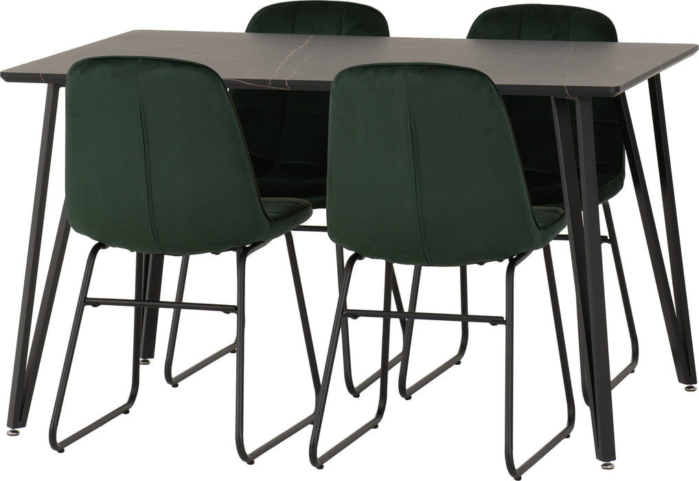 Black Marble Marlow Dining Set with Lukas Chairs – Black Marble Effect/Black/Emerald Green Velvet