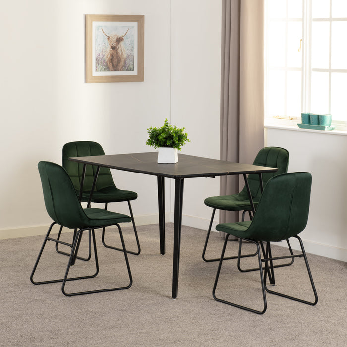 Black Marble Marlow Dining Set with Lukas Chairs – Black Marble Effect/Black/Emerald Green Velvet