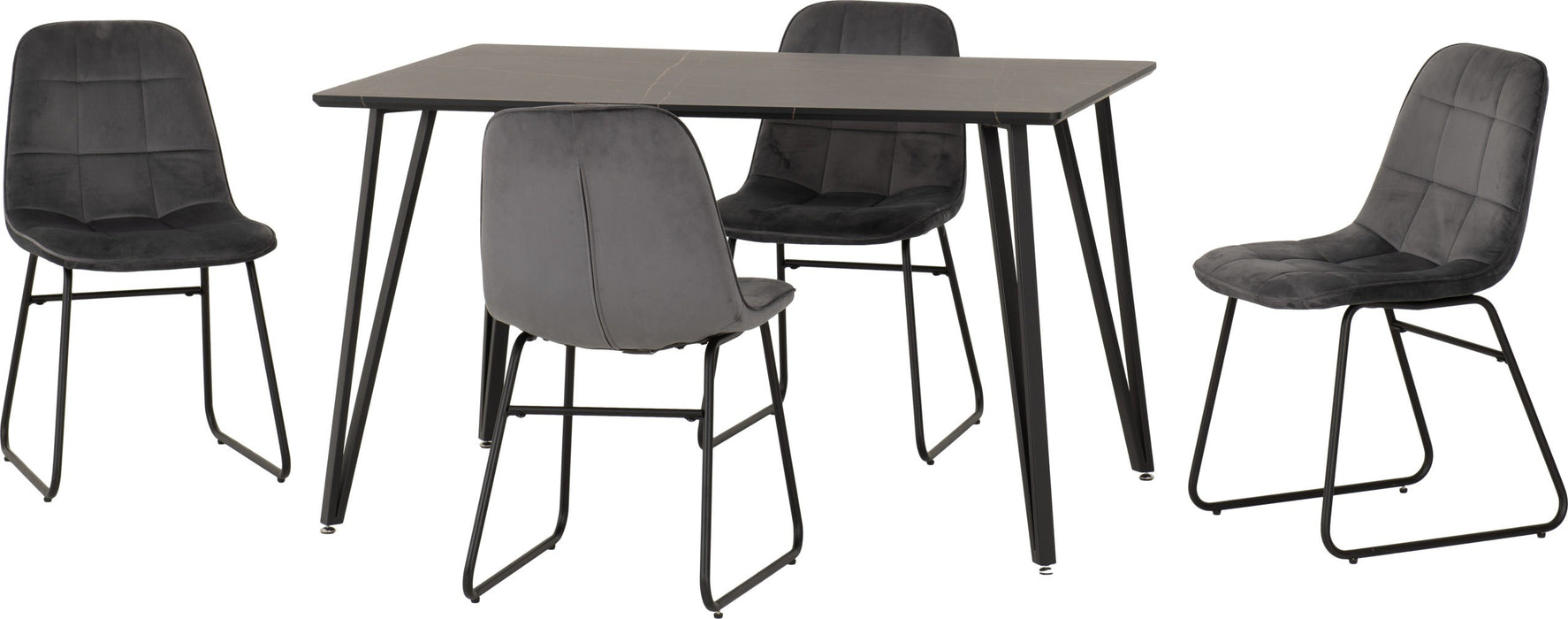 Black Marble Marlow Dining Set with Lukas Chairs – Black Marble Effect/Black/Grey Velvet
