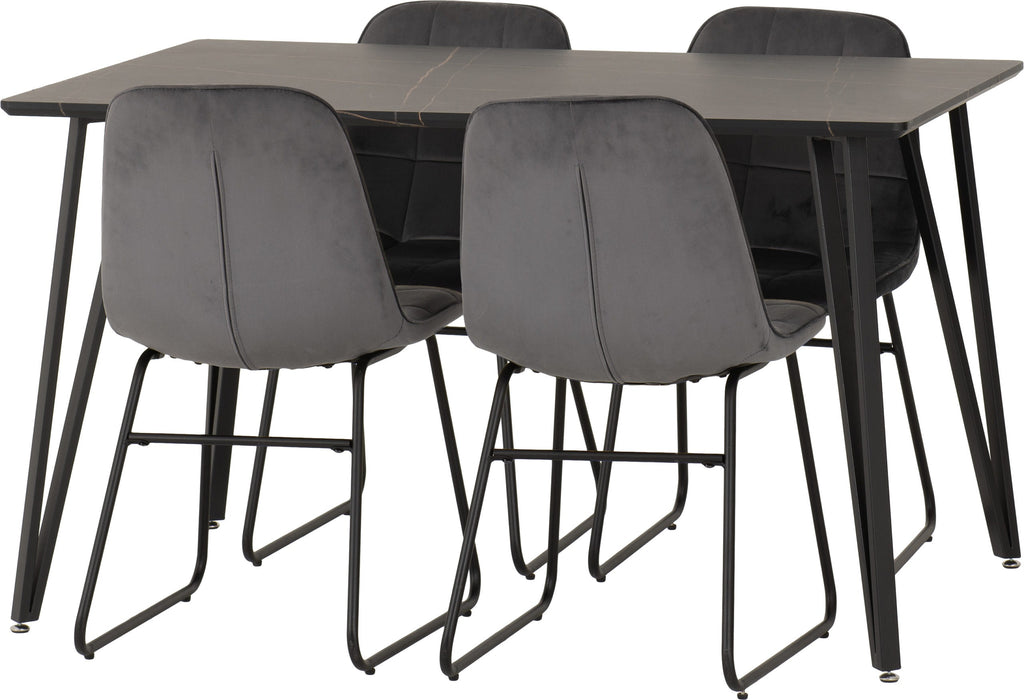Black Marble Marlow Dining Set with Lukas Chairs – Black Marble Effect/Black/Grey Velvet